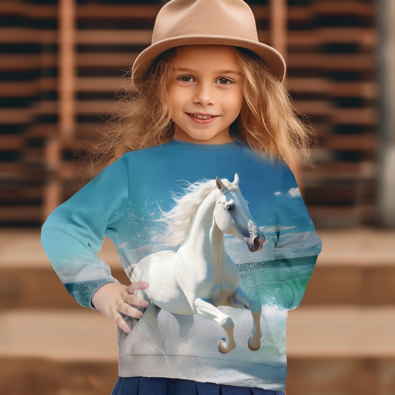 Girls' 3D Graphic Animal Horse Sweatshirt Long Sleeve 3D Print Summer Fall Fashion Streetwear Adorable Polyester Kids 3-12 Years Outdoor Casual Daily Regular Fit3