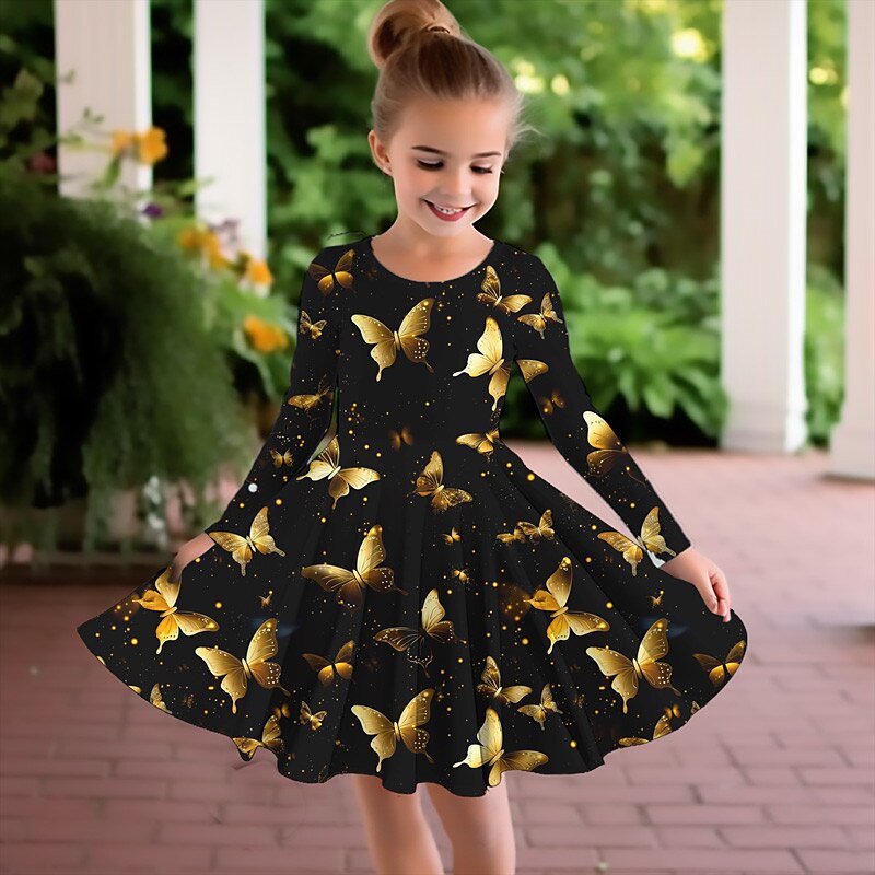 Girls' 3D Graphic Butterfly Dress Long Sleeve 3D Print Summer Fall Sports & Outdoor Daily Holiday Cute Casual Beautiful Kids 3-12 Years Casual Dress A Line Dress Above Knee Polyester Regular Fit3