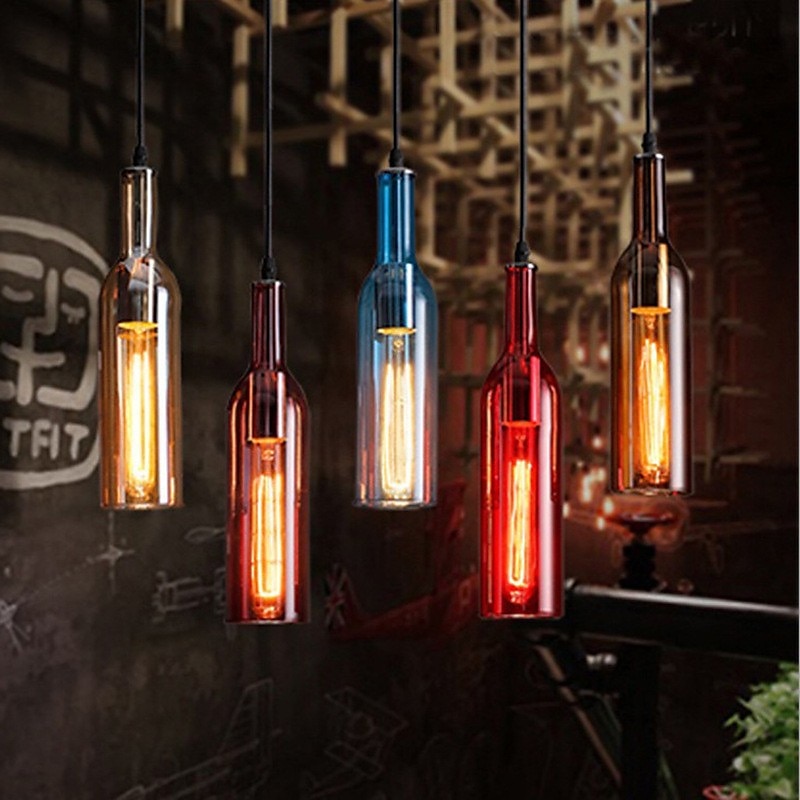LED Glass Bottle Pendant Light Hanging Beer Bottle Lights Glass Pendant Lamp, Vintage Bar Pendant Light Industrial Retro Pendant Light for Cafe Clothing Shop Bar Counter Color Ceiling Lights 110-240V2