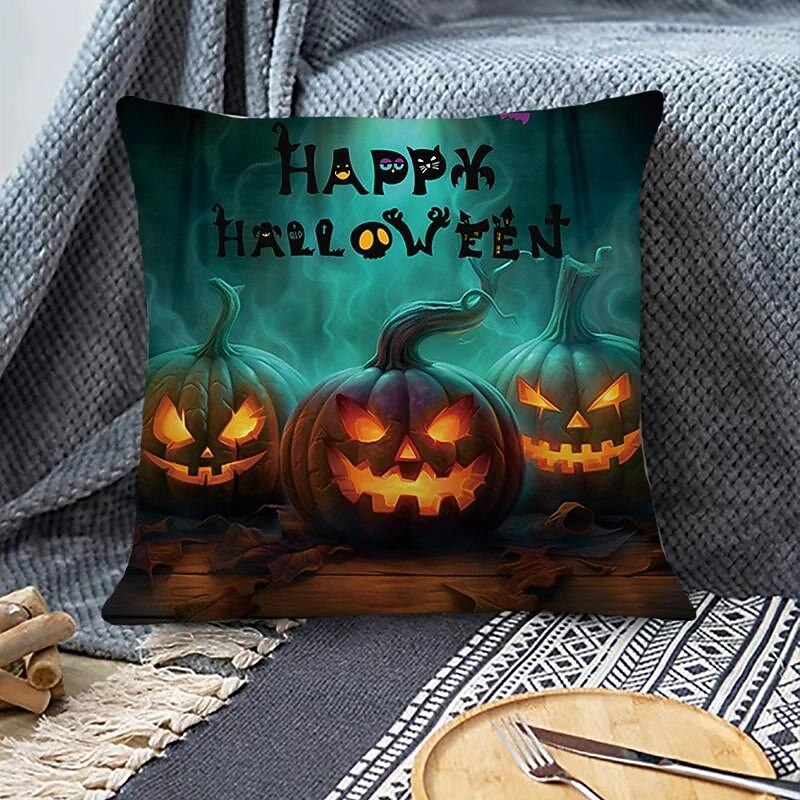 Halloween Double Side Pillow Cover 4PC Jack O Lantern Soft Decorative Square Cushion Case Pillowcase for Bedroom Livingroom Sofa Couch Chair Castle Witch Pumpkin Ghost Bats Decorations4