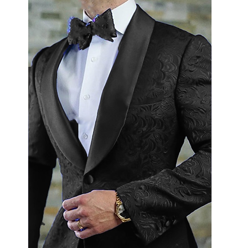 Men's Wedding Prom Suits Shawl Collar Black White Party Jacquard Floral Tailored Fit 2 Piece Single Breasted One-button - Main Image