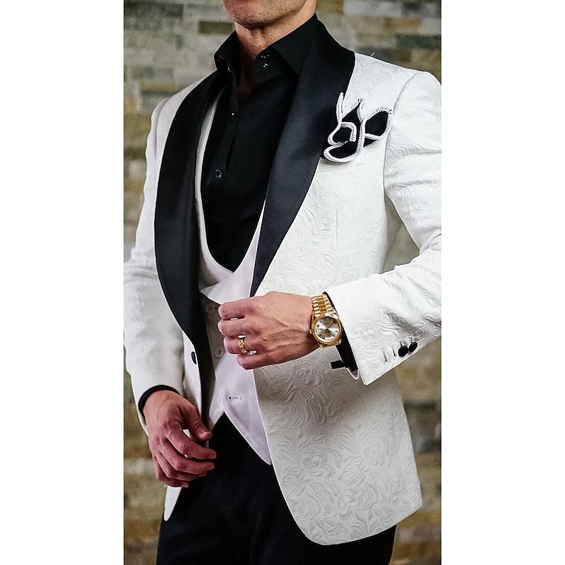 Men's Wedding Prom Suits Shawl Collar White Jacquard Floral Tailored Fit 3 Piece Single Breasted One-button2