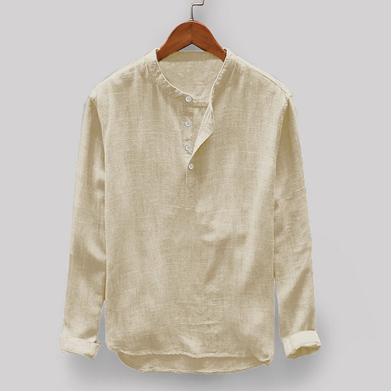 Men's Shirt Linen Shirt Summer Shirt Beach Wear Band Collar Shirt Solid Color Vacation Casual Light Blue Black White Light Grey Half Sleeve Collar Clothing Apparel4