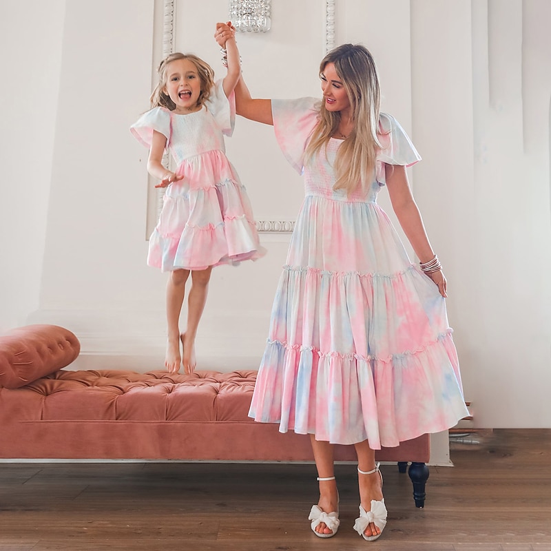Mommy and Me Dresses Tie Dye Street Print Pink Short Sleeve Midi Mommy And Me Outfits Cute Matching Outfits2