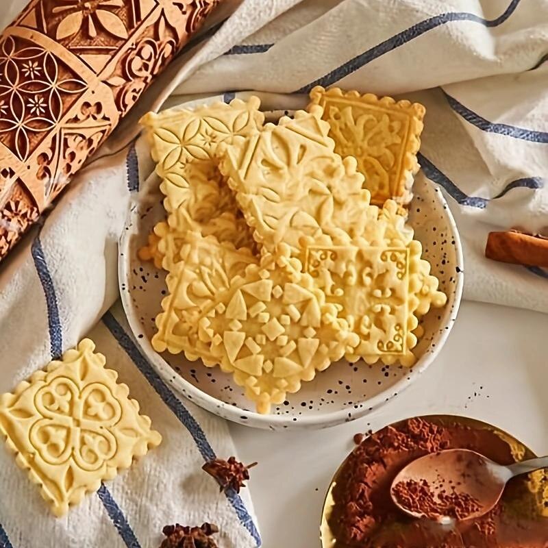 Embossing Rolling Pin (13.77''x1.77''), Wooden Rolling Pin, Square Flower Pattern Dough Roller, For Pizza, Pie, Cookies, Dumplings, Noodles, And More, Kitchen Utensils, Kitchen Gadgets, Kitchen Accessories, Home Kitchen Items2