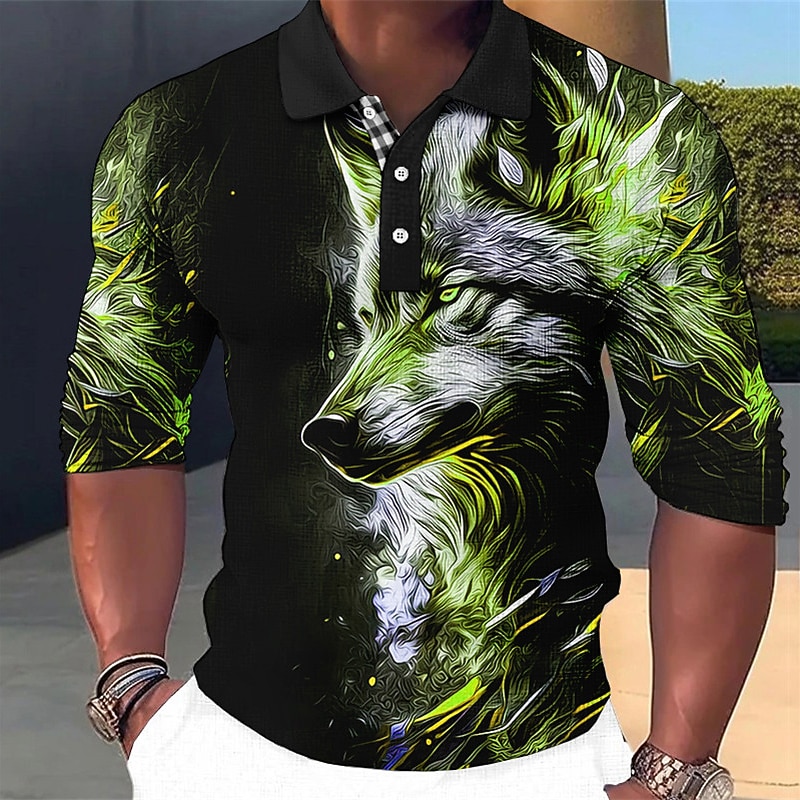 Men's Wolf Polo Shirts Golf Shirt Long Sleeve Polo Shirts Collared Shirts Casual Funny Vacation Wear Party Outfits 3D Print Buttons Fall & Winter Red Blue Green3