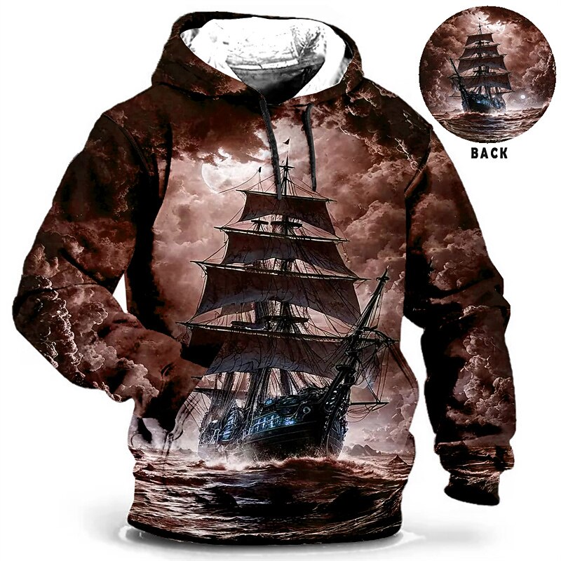 Men's Ship Graphic Prints Hoodie Hoodies Sweatshirt Daily Classic Long Sleeve Hooded Holiday Going out Streetwear Blue Green Print Spring &  Fall Designer3