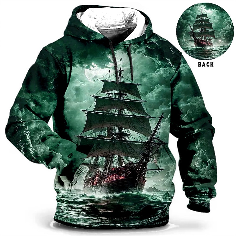 Men's Ship Graphic Prints Hoodie Hoodies Sweatshirt Daily Classic Long Sleeve Hooded Holiday Going out Streetwear Blue Green Print Spring &  Fall Designer2