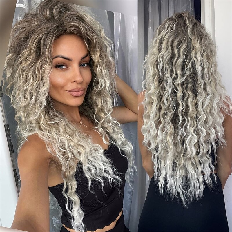 Carnival Gifts Ombre Ash Blonde Curly Wig Long Wavy Wigs for White Women Fluffy Synthetic Wig 80s Chrismas Carnival Party Wig Costume for Women Big Volume Brown Shades Blonde Halloween Wigs
