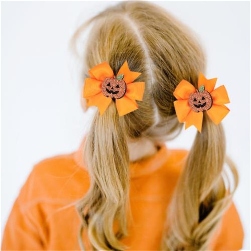2pcs New Children's Bow Hair Clip Halloween Pumpkin Head Witch Hat Swallowtail Bow Clip3