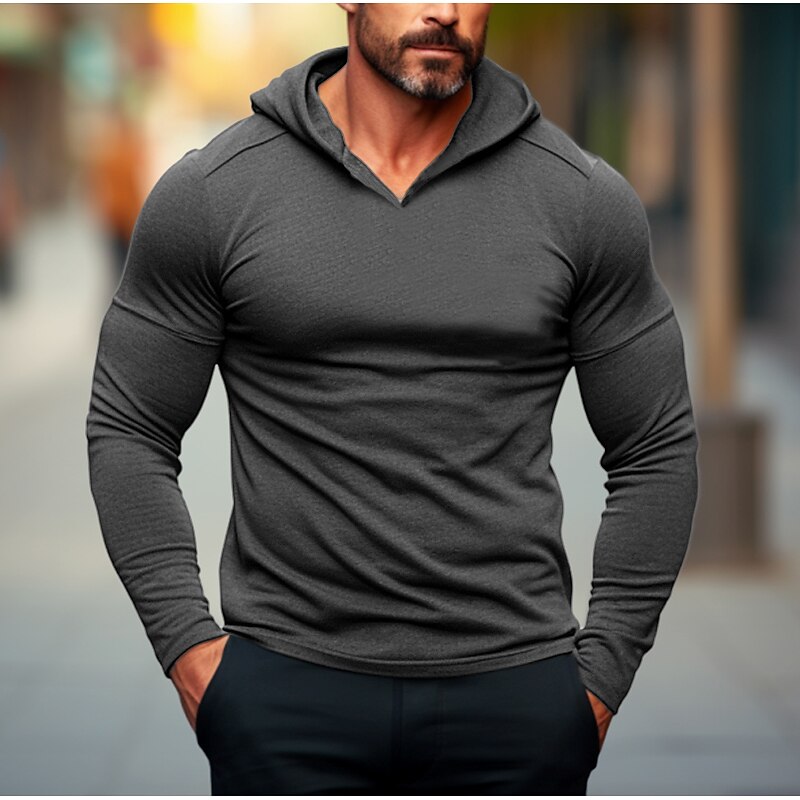 Men's Henley Shirt Tee Top Long Sleeve Hooded Summer Plain Fashion Designer Basic Patchwork Front Pocket Vacation Street Going out Black White Navy Blue Top Tee for Men3