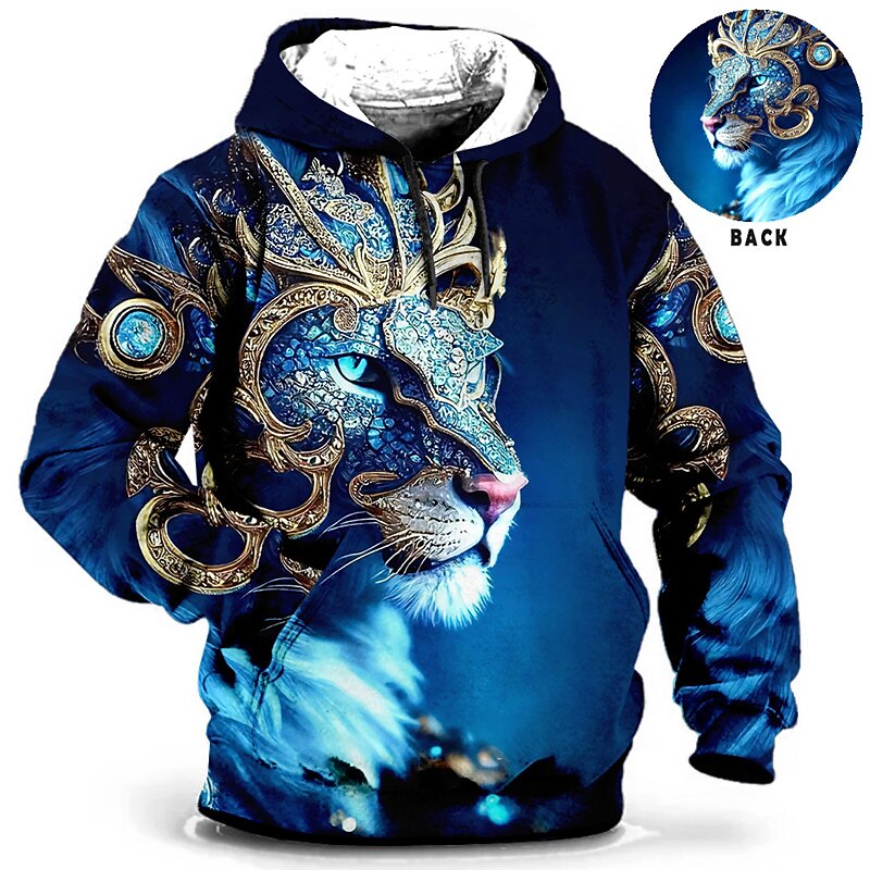 Men's Animal Lion Graphic Prints Hoodie Hoodies Sweatshirt Daily Classic Long Sleeve Hooded Holiday Going out Streetwear Red Blue Print Spring &  Fall Designer
