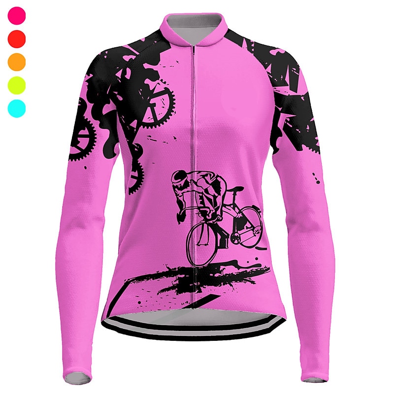 Women's Cycling Jersey Graphic Long Sleeve Bike Jersey Top with 3 Rear Pockets Mountain Bike MTB Road Bike Cycling Quick Dry Reflective Strips Back Pocket Moisture Wicking Sports Violet Yellow Pink