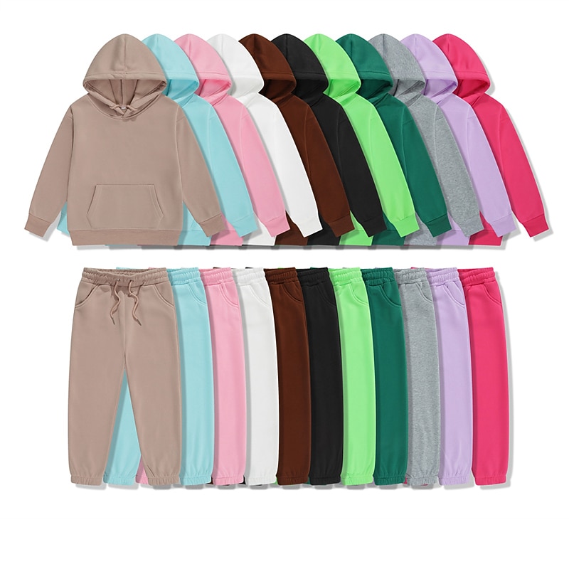 2 Pieces Kids Girls' Solid Color Pocket Hoodie & Sweatpants Set Set Long Sleeve Active School 7-13 Years Fall Light Blue fluorescent green Black