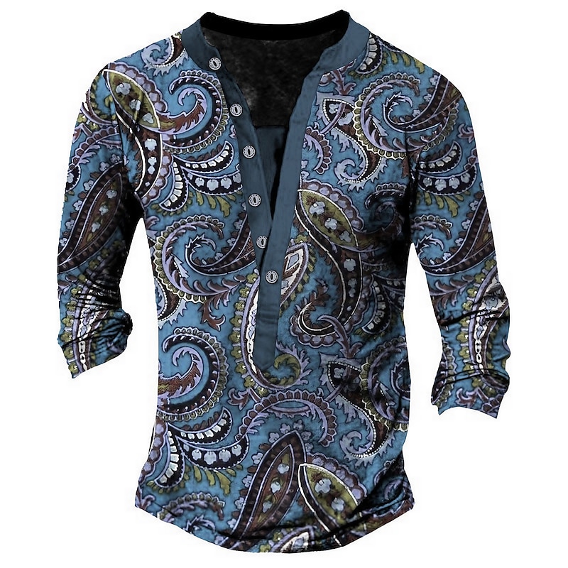 Men's Graphic Prints Floral Print Henley Shirt Graphic Tee Vintage Shirt Long Sleeve 3D Printing Fashion Basic Casual Outdoor Vacation Daily Spring &  Fall Red Navy Blue Blue Green Henley Henley