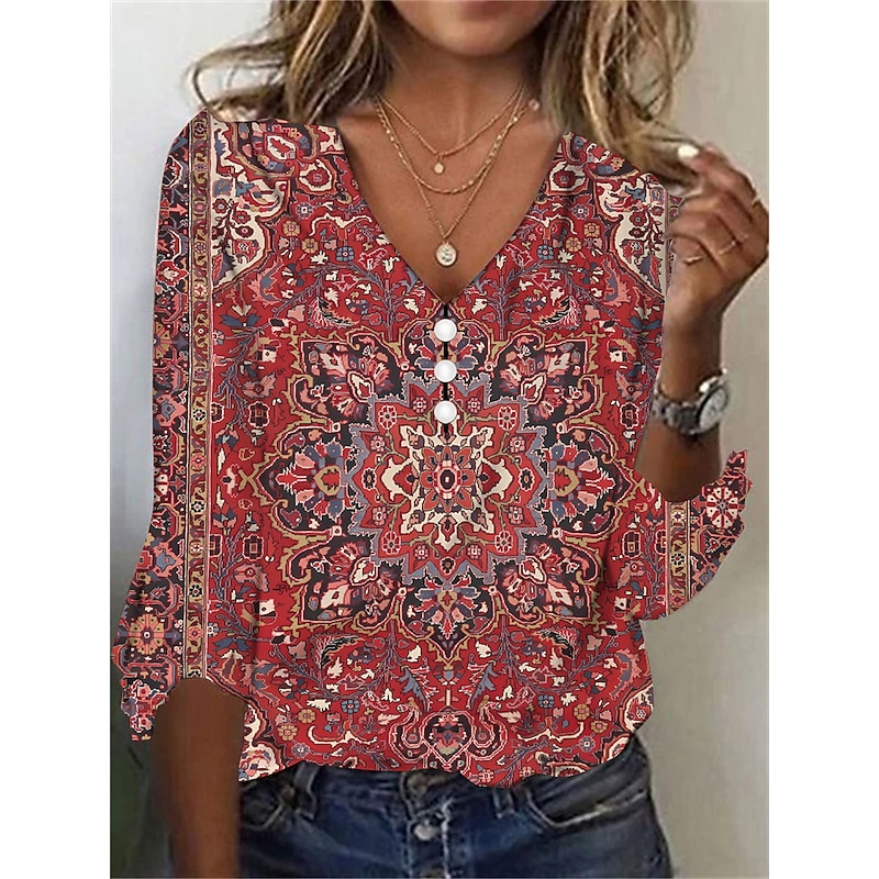 Women's T Shirt Henley Shirt Floral Vintage Ethnic Daily Basic 3/4 Length Sleeve V Neck Regular Tops Holiday Weekend Buttons Print Red Purple Green Khaki Gray Fall & Winter