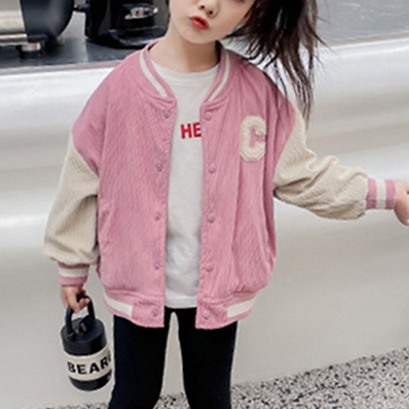Kids Girls' Baseball Jacket Color Block Active Buttons School Cotton Coat Outerwear 2-8 Years Spring Black Light Green Pink3