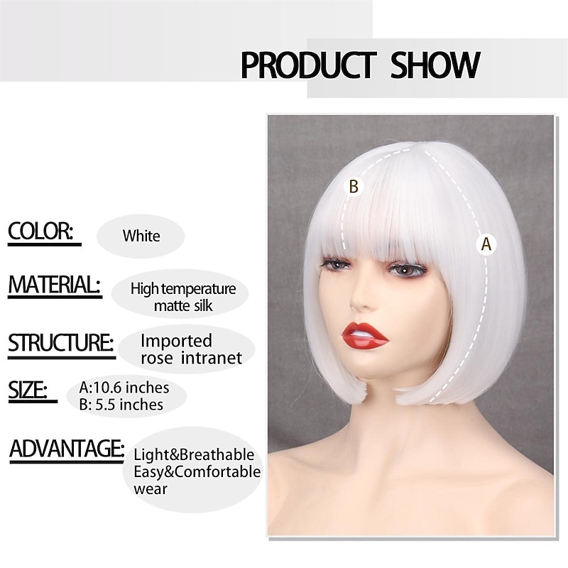 Short White Bob Wig Bangs Straight White Wig for Women Natural Synthetic Short White Wig Bangs for Daily Party Cosplay Halloween2