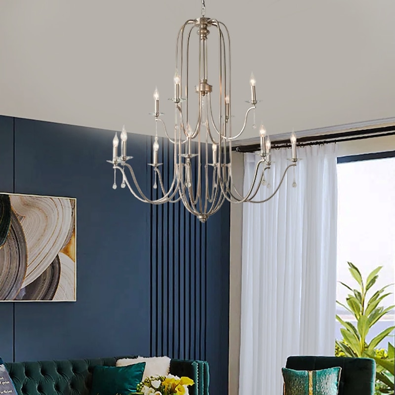 Chandelier for Dining Room Candle Style 6/9/12-Heads Modern Farmhouse Pendant Lighting,9-Light Brushed Candle Ceiling Hanging Fixture for Living Room Bedroom Coffee 110-240V