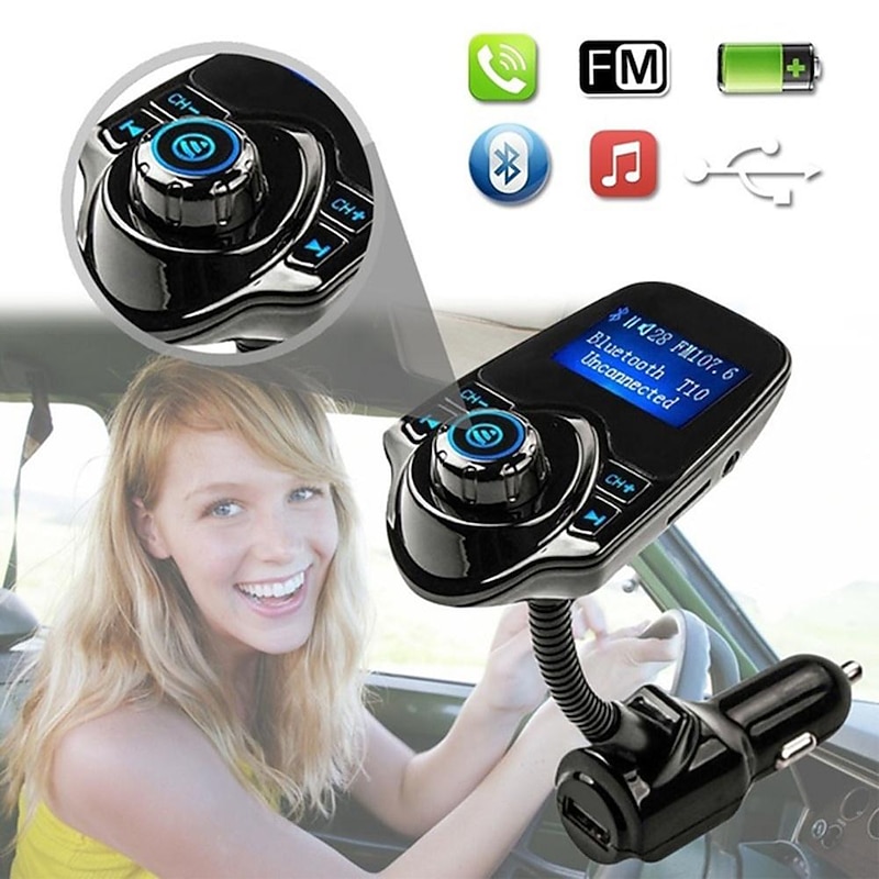 NEW T10 Hands-free Bluetooth Car Kit MP3 Music Player FM Transmitter 5V 2.1A USB Car Charger 1.44" LED Screen3