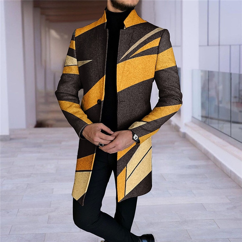Men's Plaid Color Block Marble Winter Coat Overcoat Coat Warm Comfortable Breathable Fashion Streetwear Business Work Wear to work Going out Pocket Print Fall & Winter Turndown Long Sleeve Orange3