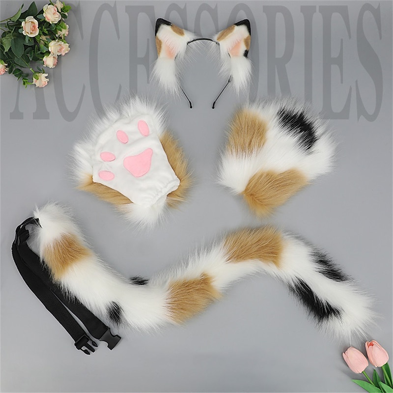 Simulated Beast Ears and Tail Cosplay Show Props Hair Accessories Beast Claw Cat Tail Cat Claw Cute Plush Cat Set