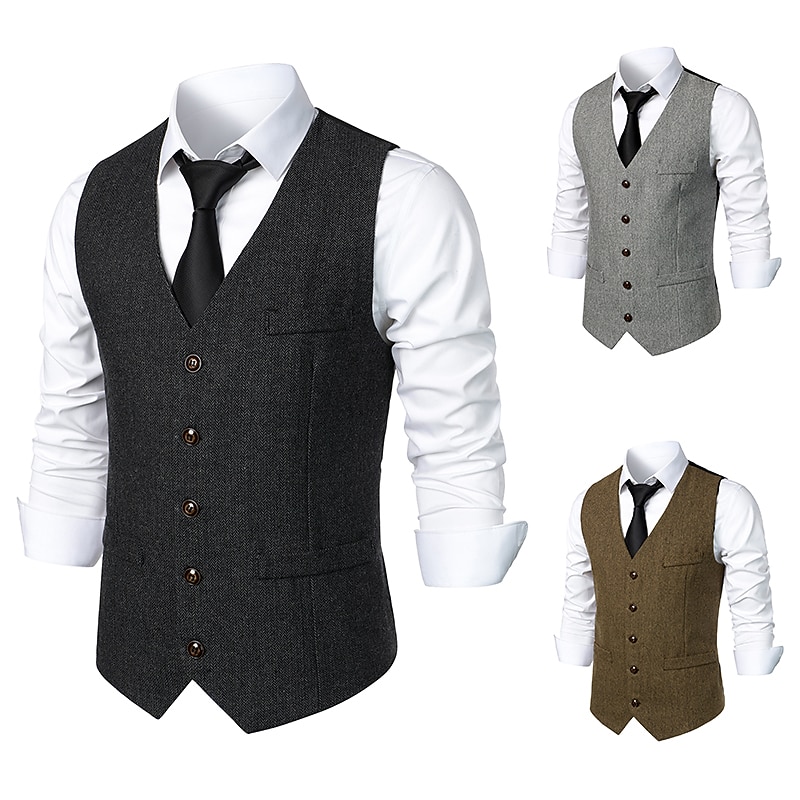 Men's Vest Gilet Daily Wear Vacation Going out Vintage Fashion Spring &  Fall Button Polyester Comfortable Plain Single Breasted V Neck Regular Fit Dark Gray Light Grey Coffee Vest2