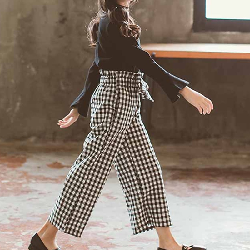 2 Pieces Kids Girls' Plaid Pants Suit Set Long Sleeve Fashion Outdoor 7-13 Years Fall Black3