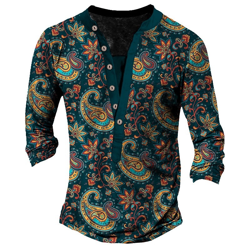 Men's Graphic Prints Floral Print Henley Shirt Graphic Tee Vintage Shirt Long Sleeve 3D Printing Fashion Basic Casual Outdoor Vacation Daily Spring &  Fall Burgundy Navy Blue Green Dark Blue Henley