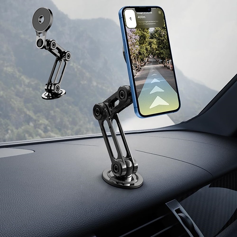 Folding Alloy Magnetic Car Mount 360 Rotating Adjustable Magnetic Car Phone Holder Universal Phone Stand For IPhone 15/14/13/12 Series & Magsafe Phone Case