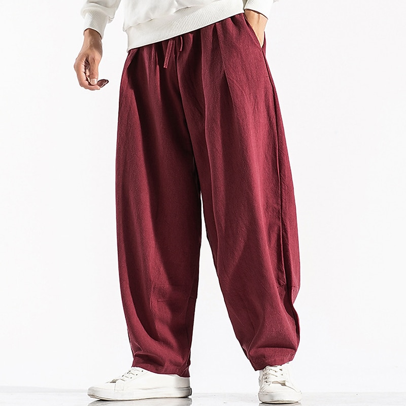 Men's Linen Pants Trousers Summer Pants Pocket Drawstring Elastic Waist Plain Comfort Breathable Outdoor Daily Going out Fashion Casual Black Red