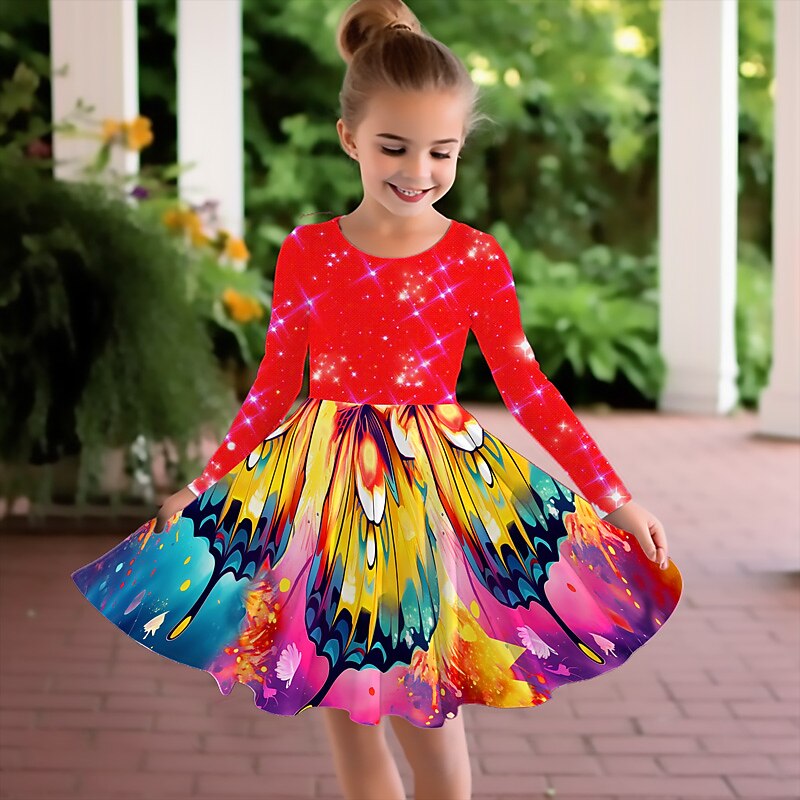 Girls' 3D Graphic Butterfly Dress Long Sleeve 3D Print Summer Fall Vacation Sports & Outdoor Daily Cute Casual Beautiful Kids 3-12 Years Casual Dress A Line Dress Above Knee Regular Fit3