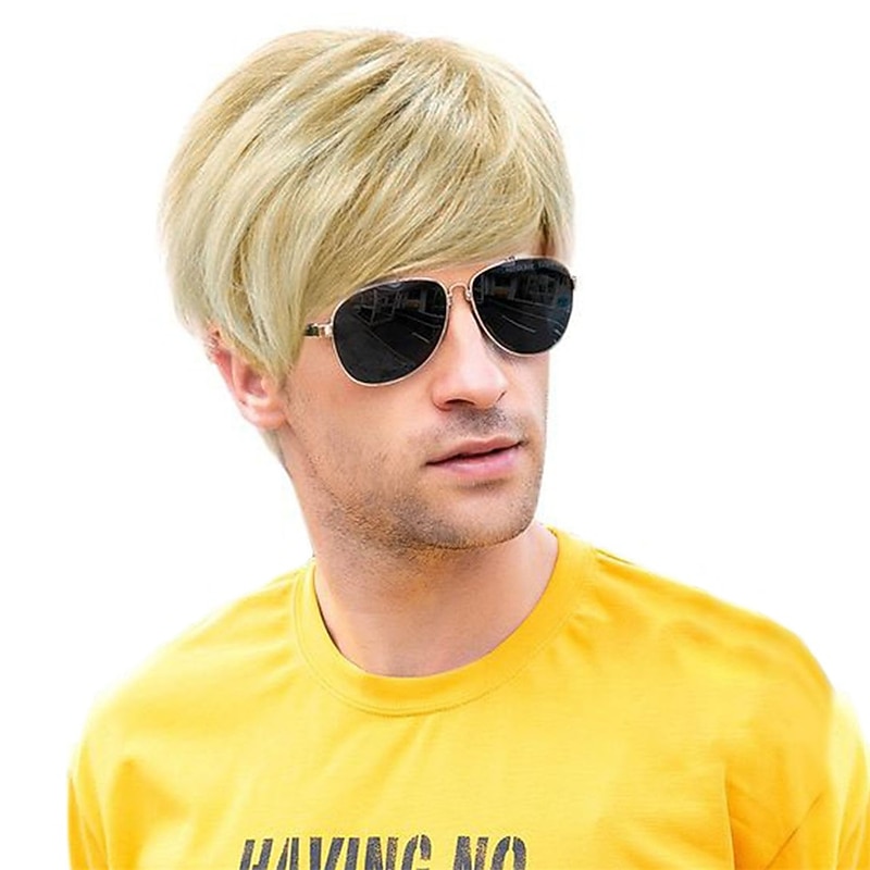 Men Wig Short Blonde Golden Straight Handsome Synthetic Hair Wigs for Carnival Party