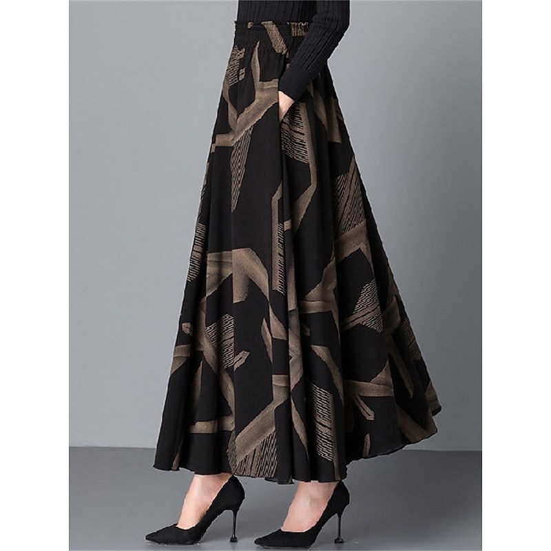 Women's Skirt A Line Maxi High Waist Skirts Pleated Pocket Print Floral Office / Career Street Winter Fashion Casual Black Yellow Red3