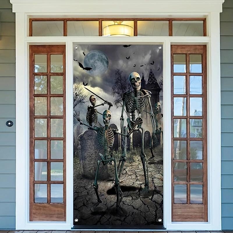Halloween Tapestry Door Cover Skeleton Bone Backdrop Halloween Wall Decoration Front Door or Indoor Home Decor Halloween Party Decorations 1 Piece Halloween Decorations