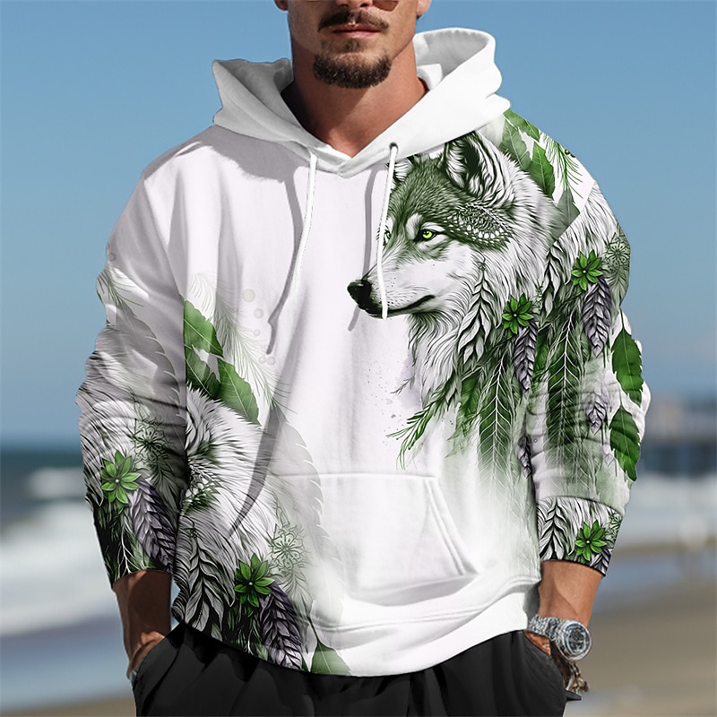 Men's Wolf Graphic Prints Hoodie Hoodies Sweatshirt Daily Classic Long Sleeve Hooded Holiday Going out Streetwear Blue Dark Green Print Spring &  Fall Designer3