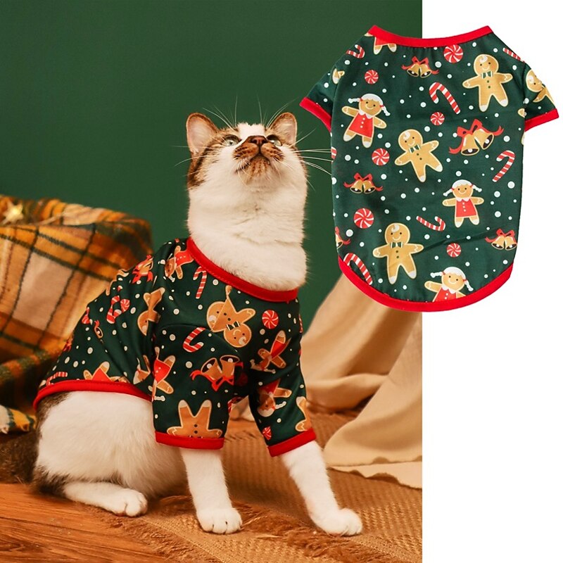 New Pet Christmas T-shirt Thin Printed Gingerbread Man Snowflake Deer Bixiong Cat Dog Clothes3