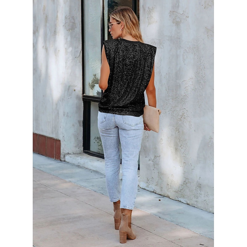 Women's Camisole Tank Top Plain Sparkly Fashion Sleeveless Round Neck Regular Tops Casual Sequins Silver Black Pink Fuchsia Gold Summer2