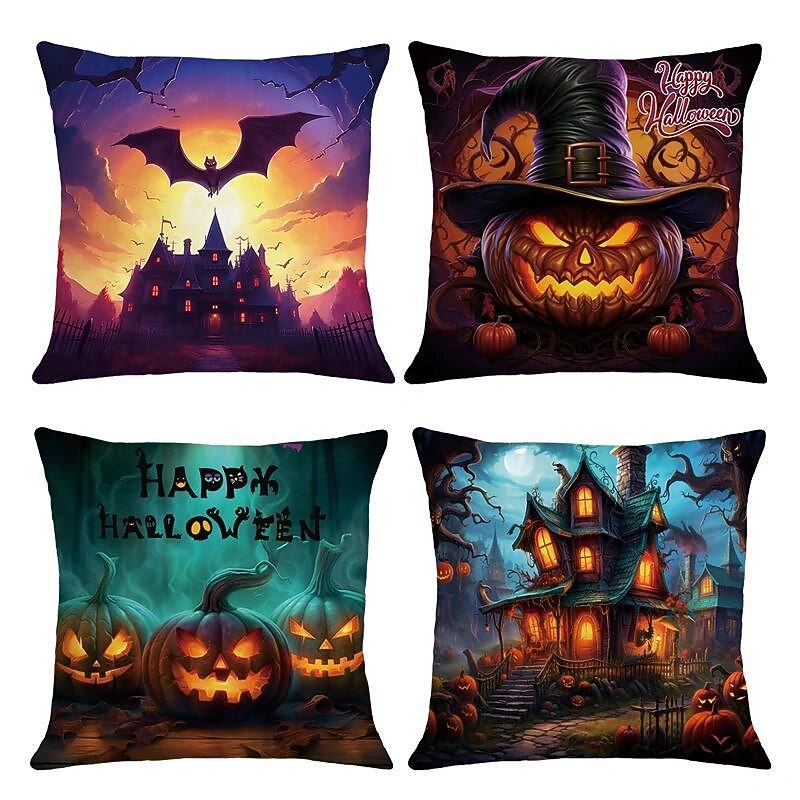 Halloween Double Side Pillow Cover 4PC Jack O Lantern Soft Decorative Square Cushion Case Pillowcase for Bedroom Livingroom Sofa Couch Chair Castle Witch Pumpkin Ghost Bats Decorations