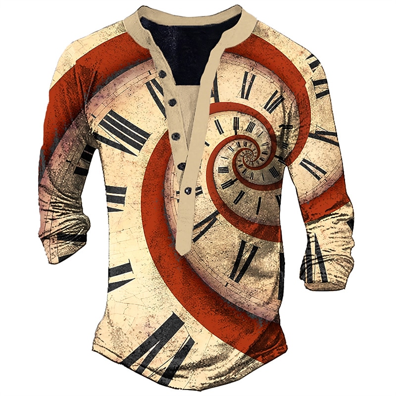 Men's Graphic Prints Clock Henley Shirt Graphic Tee Vintage Shirt Long Sleeve 3D Printing Fashion Basic Casual Outdoor Vacation Daily Spring &  Fall Dark Brown Brown Dark Gray Henley Henley T-Shirt2