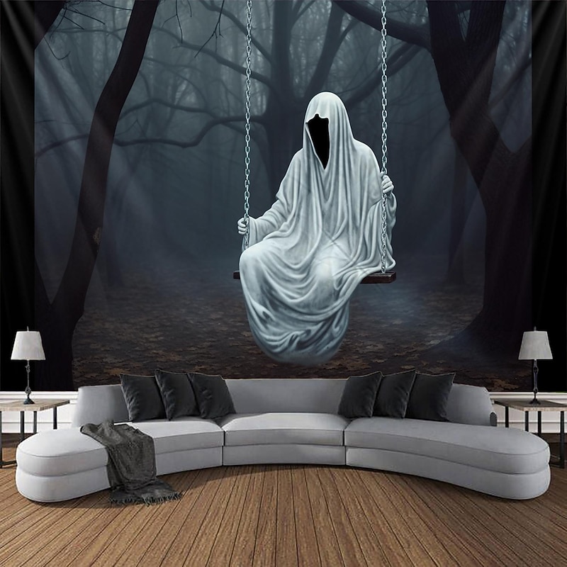 Halloween Horror Hanging Tapestry Wall Art Large Tapestry Mural Decor Photograph Backdrop Blanket Curtain Home Bedroom Living Room Decoration Ghost Swing Forest Halloween Decorations3