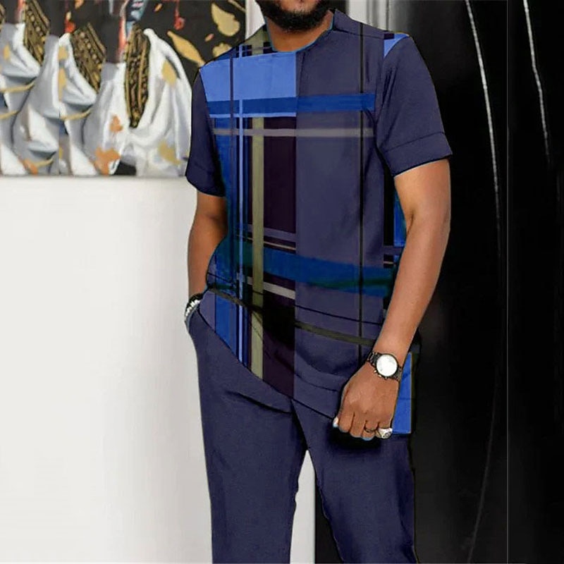 Men's Color Block Graphic Prints Shirt Set T-Shirt Outfits Shirt and Pant Sets Short Sleeve T shirt 3D Print Crew Neck Shirt Sport Designer Casual Outdoor Daily Vacation Brown Army Green Dark Blue3