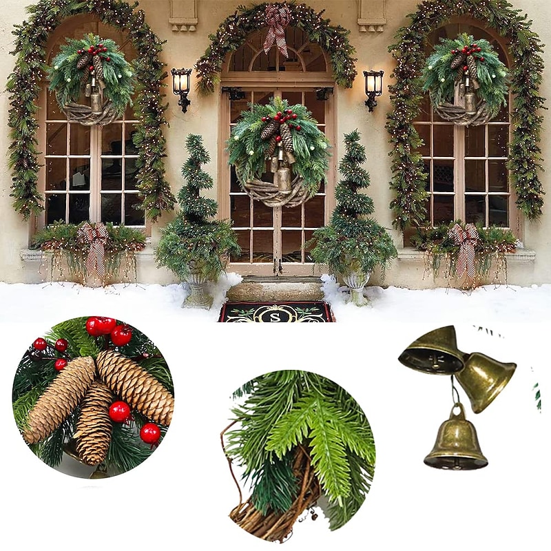 Christmas Wreath Boho Wreath, 17.7'' Artificial Golden Bell Wreath, Xmas Tree Front Door Hanging Garland, Handmade Pine Ring Grapevine Wreath, Celebration Xmas Decor4