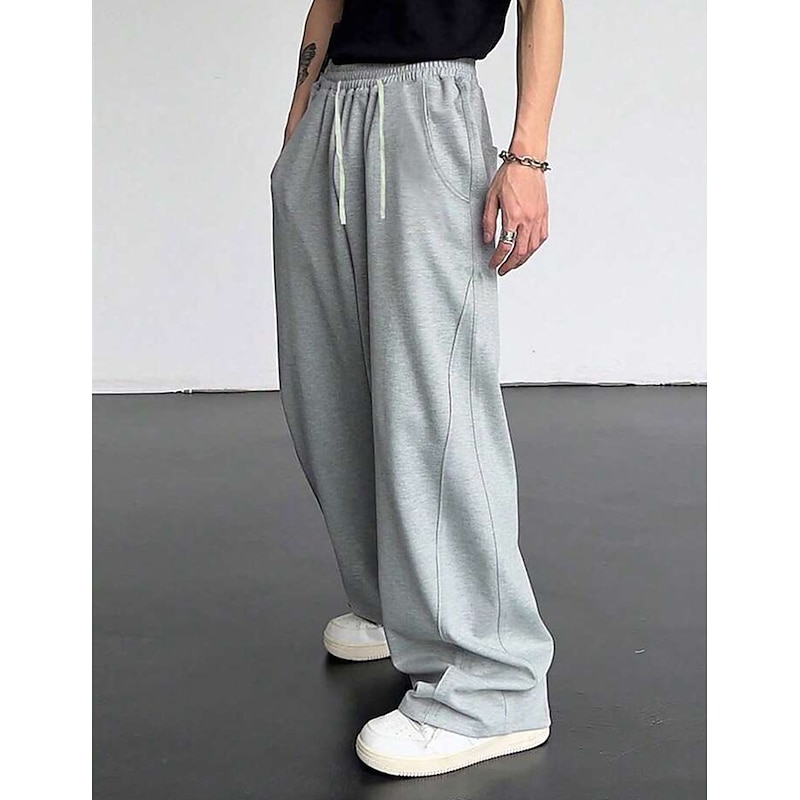 Men's Athletic Pants Wide Leg Sweatpants Trousers Drawstring Elastic Waist Plain Comfort Breathable Casual Daily Holiday Sports Fashion Dark Brown Black