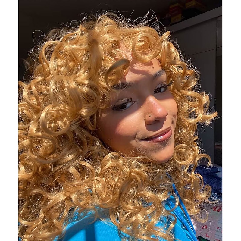 Long Curly Wavy Blonde Wigs for Women Side Part Natural Looking Cosplay Synthetic Fiber Wig Heat Resistant Replacement Wig Halloween Cosplay Party Wigs2