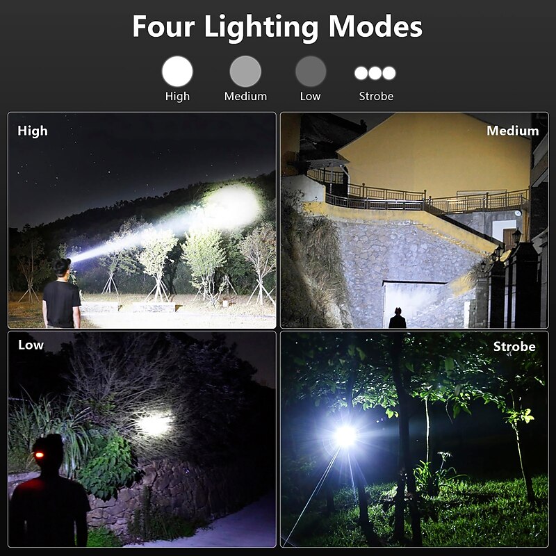 LED Rechargeable Headlamps, Camping Lights 90000 Lumen Super Bright Headlamp Flashlight 90° Adjustable 4 Modes IPX5 Waterproof USB Rechargeable Head Lamp4