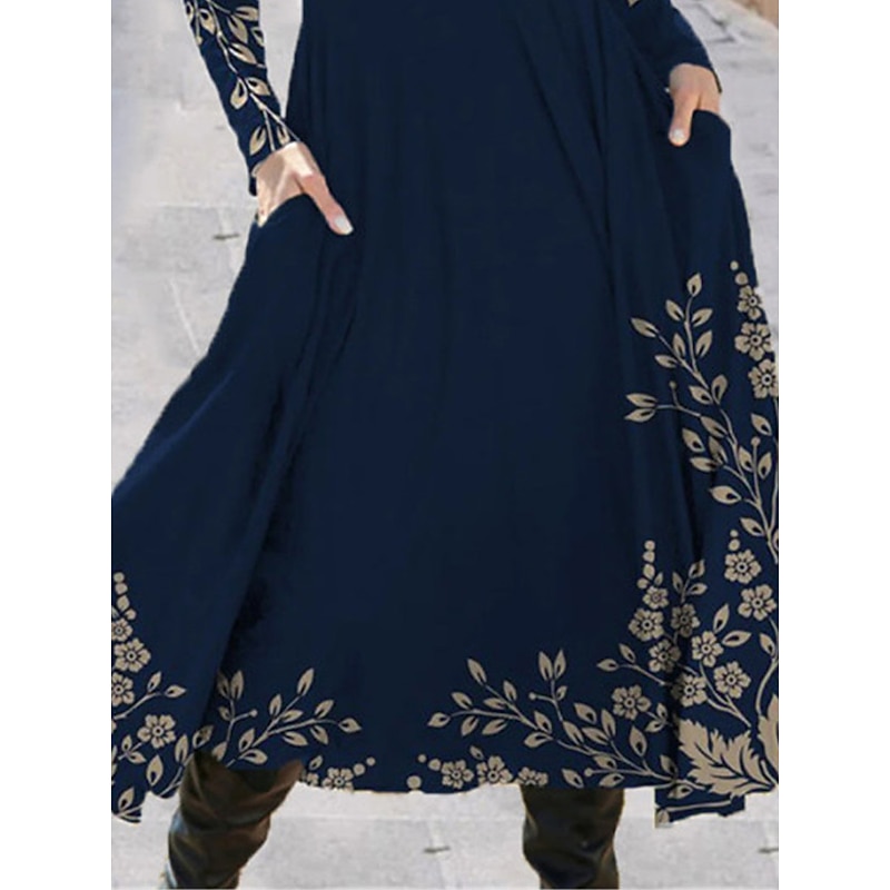 Women's Midi Dress A Line Dress Casual Dress Winter Dress Swing Dress Fashion Streetwear Mature Formal Outdoor Vacation Regular Fit Floral Long Sleeve Crew Neck Black Navy Blue Royal Blue Blue Spring3