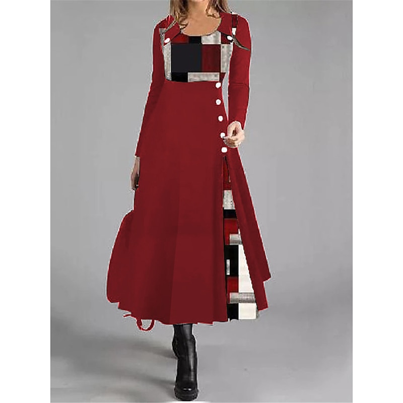Women's Causal Dress A-Line Dress Geometric Patchwork Button Long Sleeve Round Neck Black Red Work Fall Winter Soft Comfortable Regular3