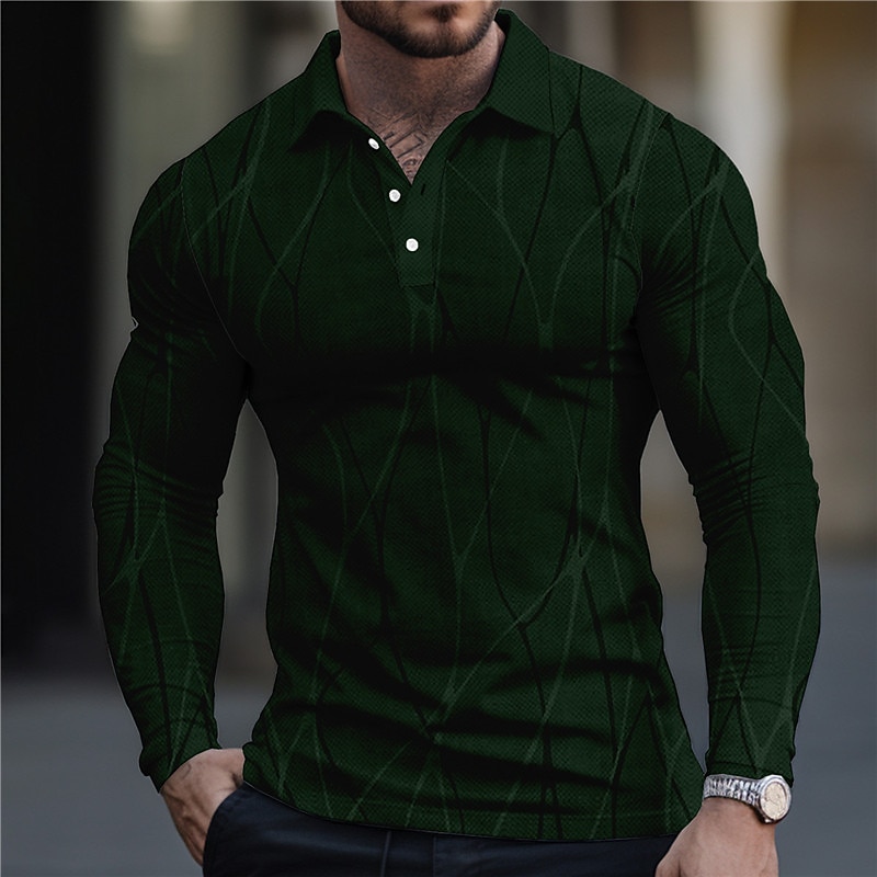 Men's Geometric Polo Shirts Golf Shirt Long Sleeve Polo Shirts Collared Shirts Business Casual WorkWear Formal Wear Festival Wear 3D Print Buttons Fall & Winter Black White Navy Blue4