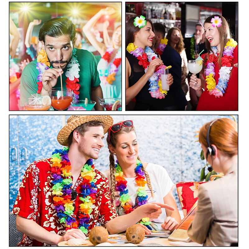 50pcs Hawaiian Leis Necklace Tropical Luau Hawaii Silk Flower Lei Theme Party Favors Wreaths Headbands Holiday Wedding Beach Birthday Decorations4